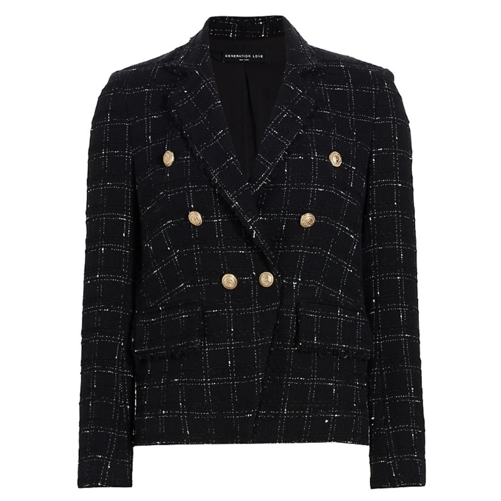 Generation Love Black Tweed Double-Breasted Blazer with Gold Buttons